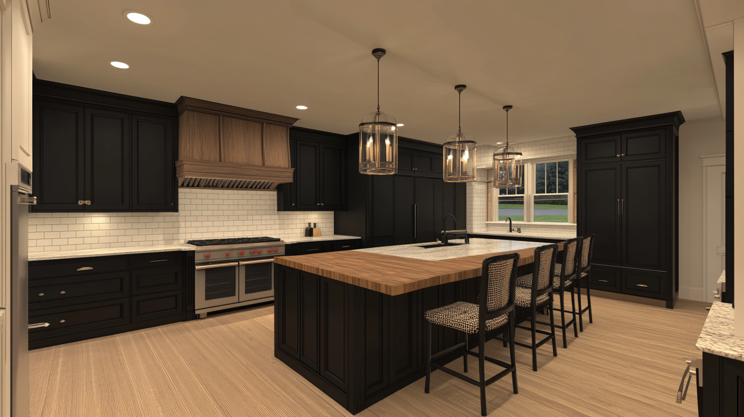 Stylish Modern Kitchen with Black RTA Cabinets and Wood Island Countertop