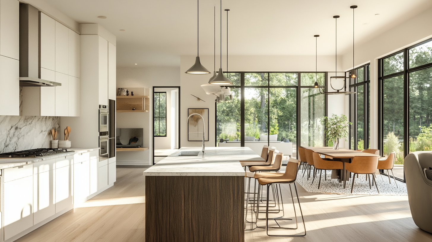 Stylish Open Plan Kitchen with Ready to Assemble Cabinets and Marble Island
