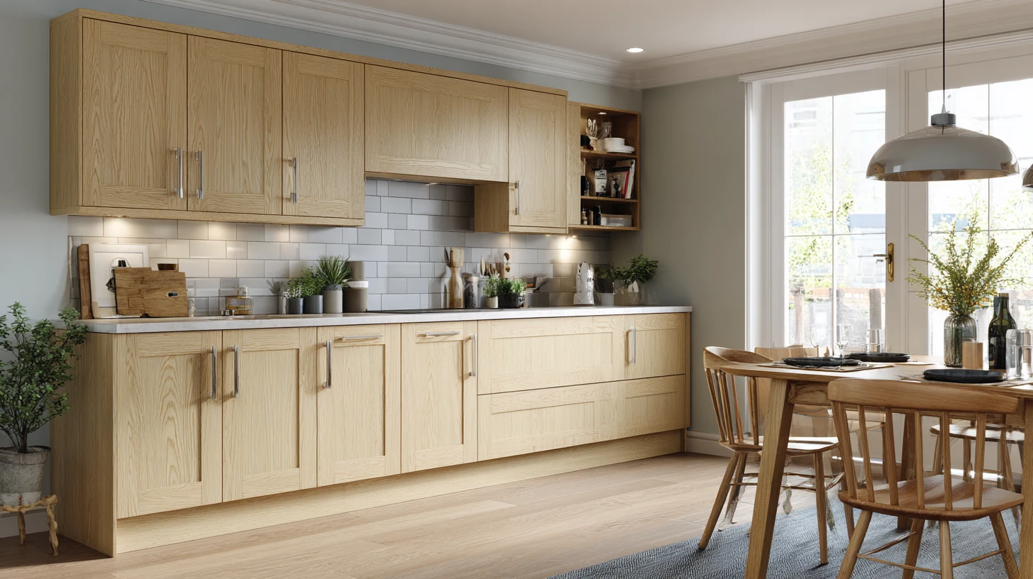 Traditional kitchen featuring ash veneer cabinets and a dining area