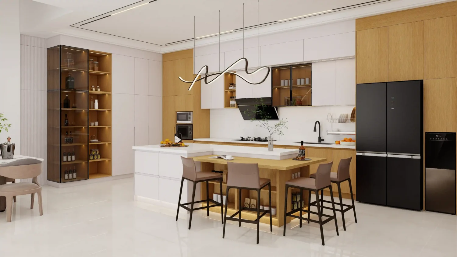 modern l-shaped kitchen with wooden cabinets, island seating, and integrated appliances
