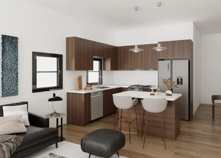 open plan L-shaped kitchen with island, wooden cabinets, and integrated appliances