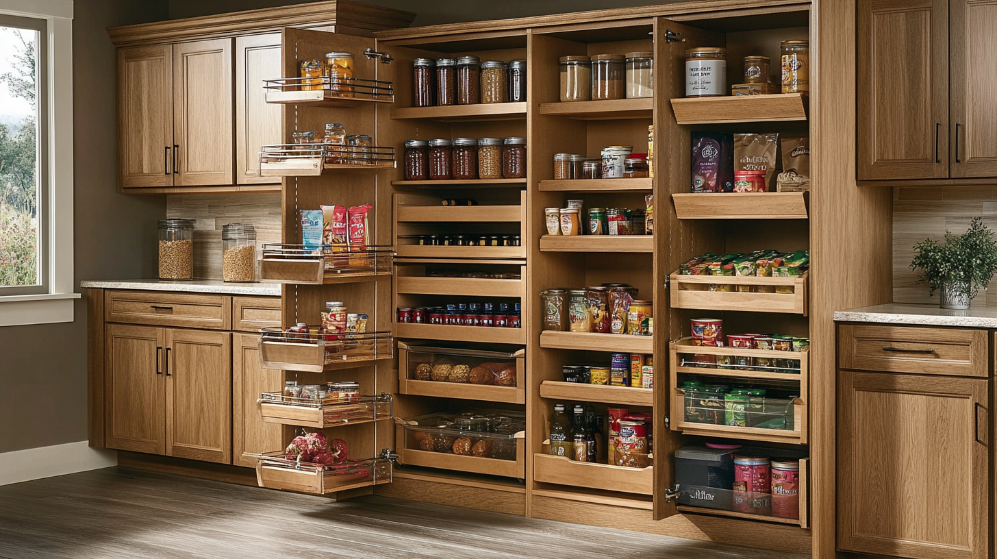 custom pantry cabinet with adjustable pull-out drawers oak wood finish