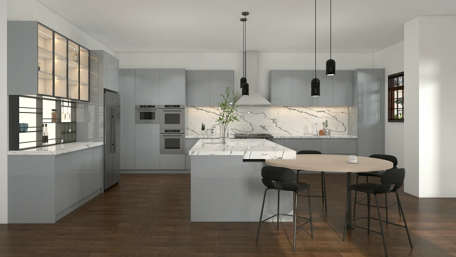 European style kitchen cabinets with customizable finishes and materials, featuring sleek gray cabinetry