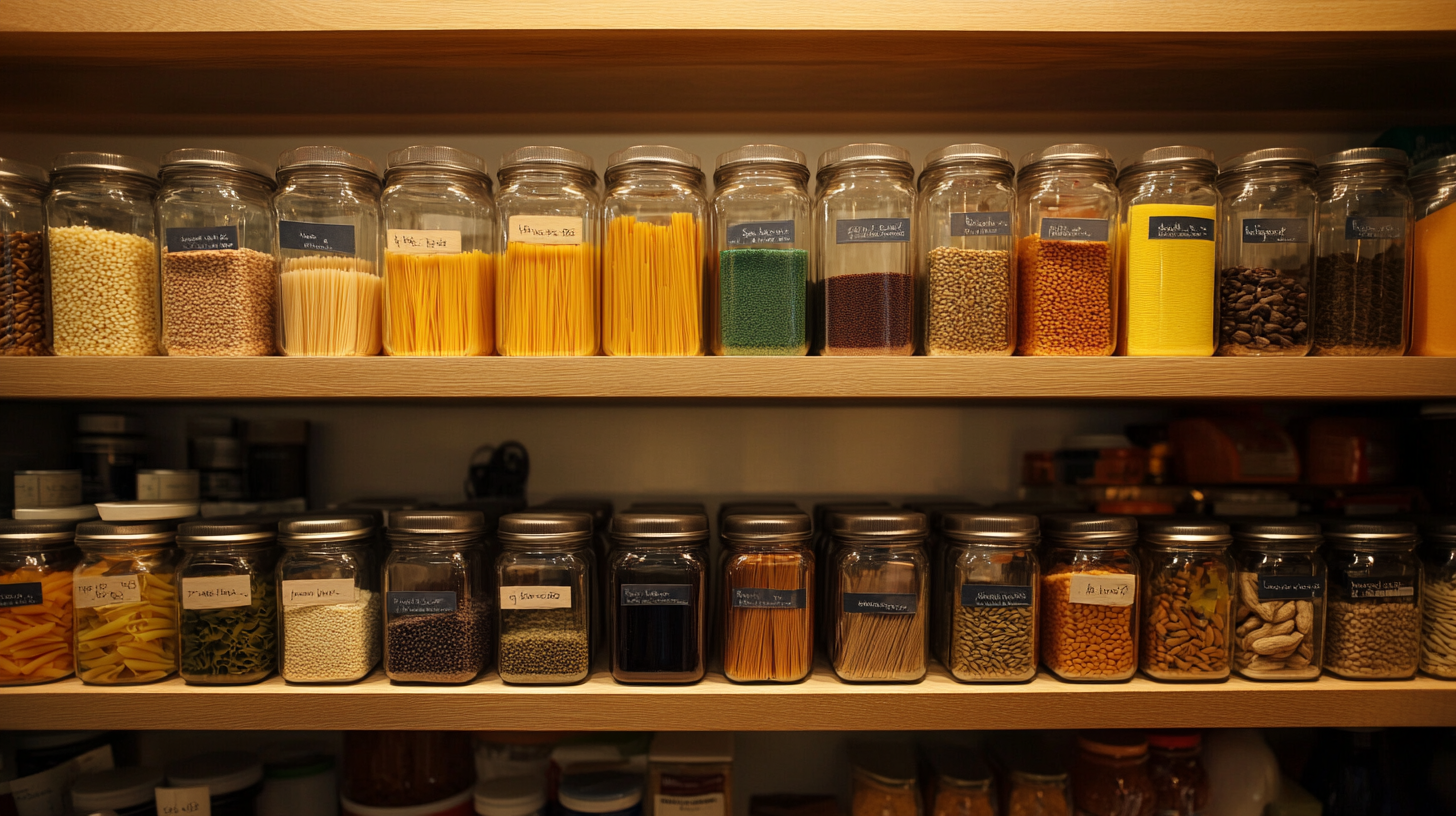labeled square jars on pantry shelf storing pasta spices seeds