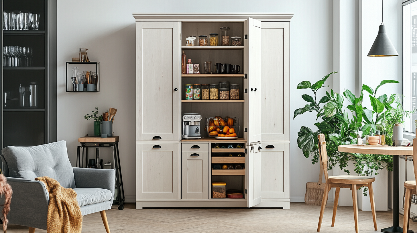 freestanding pantry cabinet cozy kitchen interior light wood storage unit