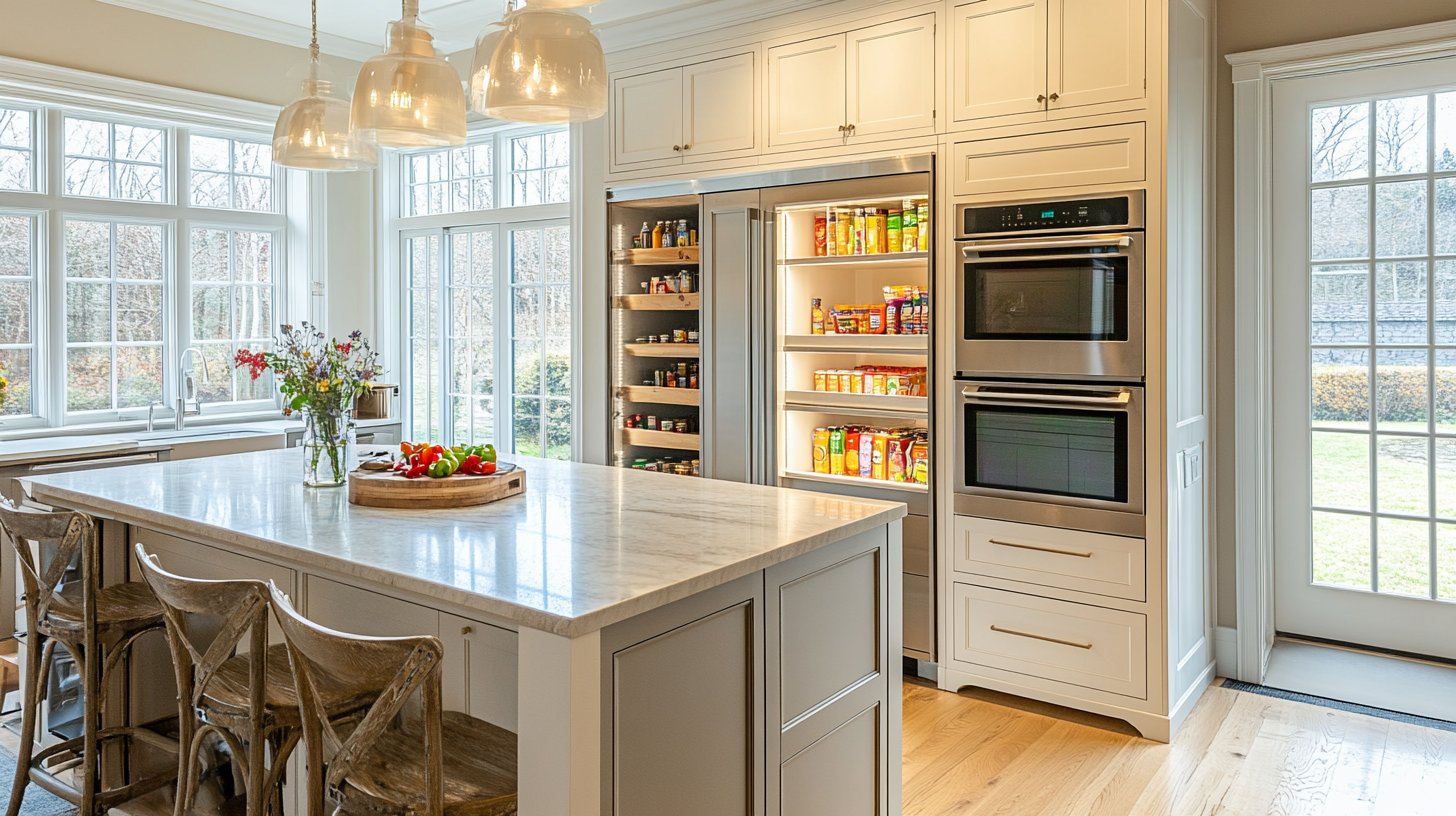 built-in kitchen pantry cabinet with LED lighting organized canned goods
