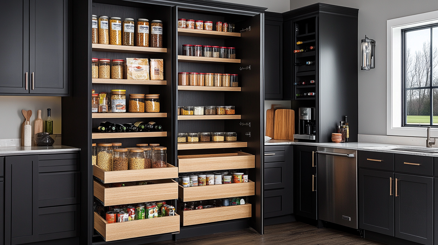 black custom pantry cabinet with wooden pull-out drawers and wine rack