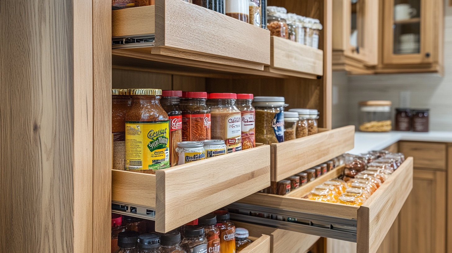 built-in pantry unit with pull-out drawers spice storage natural wood kitchen