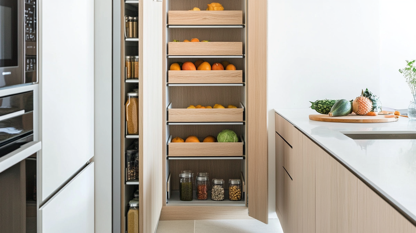 slim pull-out pantry cabinet with wooden drawers for fruits and dry goods