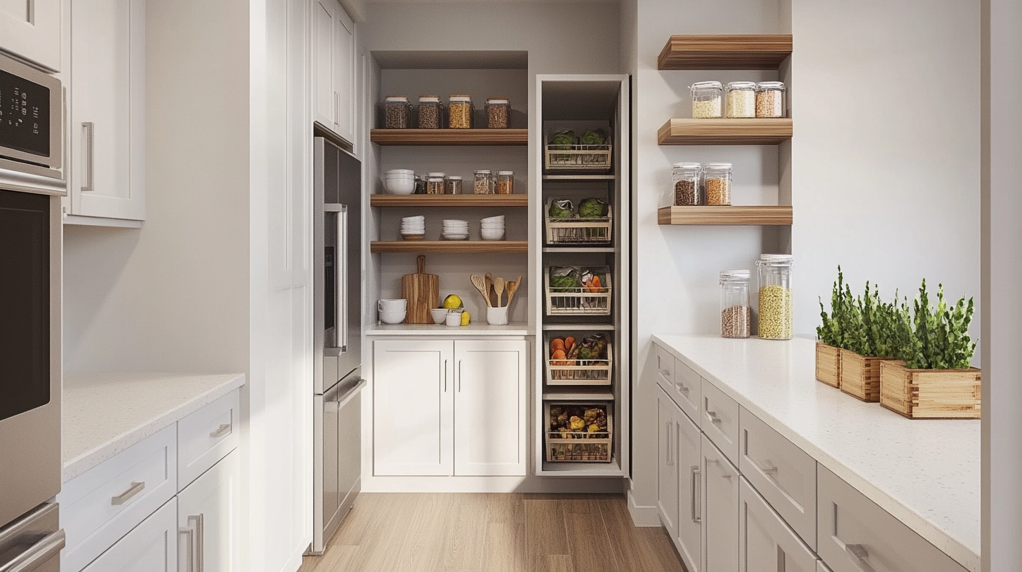 modern kitchen pantry cabinet open shelves white cabinetry food storage