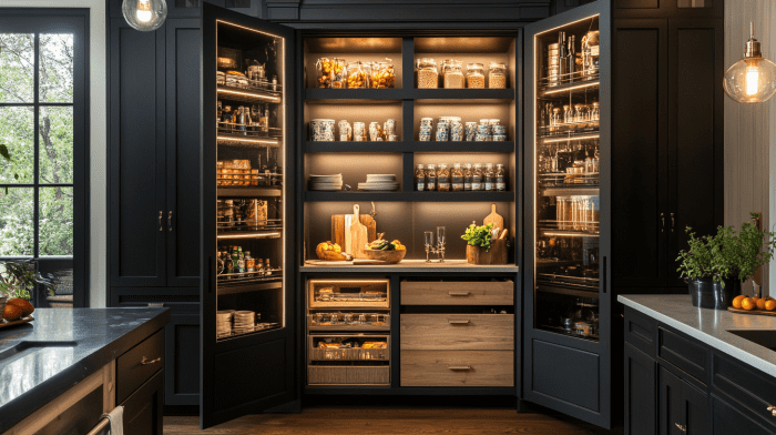 black pantry cabinet with glass doors open shelving integrated LED lighting