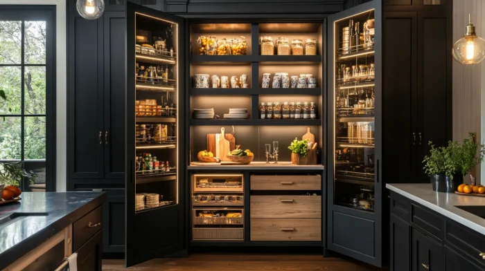 black pantry cabinet with glass doors open shelving integrated LED lighting