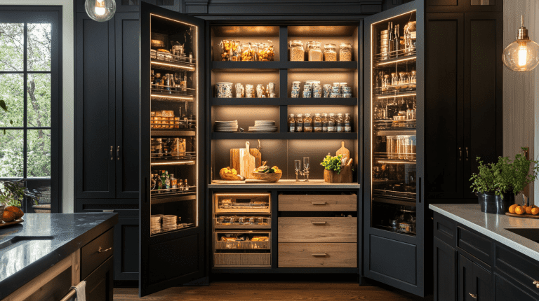 black pantry cabinet with glass doors open shelving integrated LED lighting