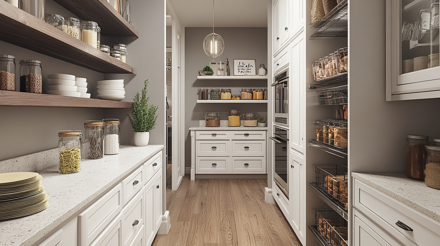 walk-in pantry design with white cabinets open shelving and wood flooring