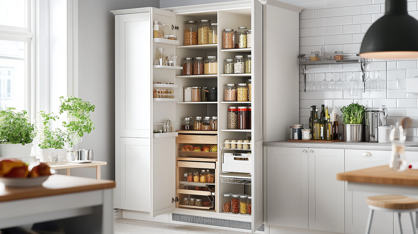 modern kitchen freestanding pantry cabinet white cabinet organized jars