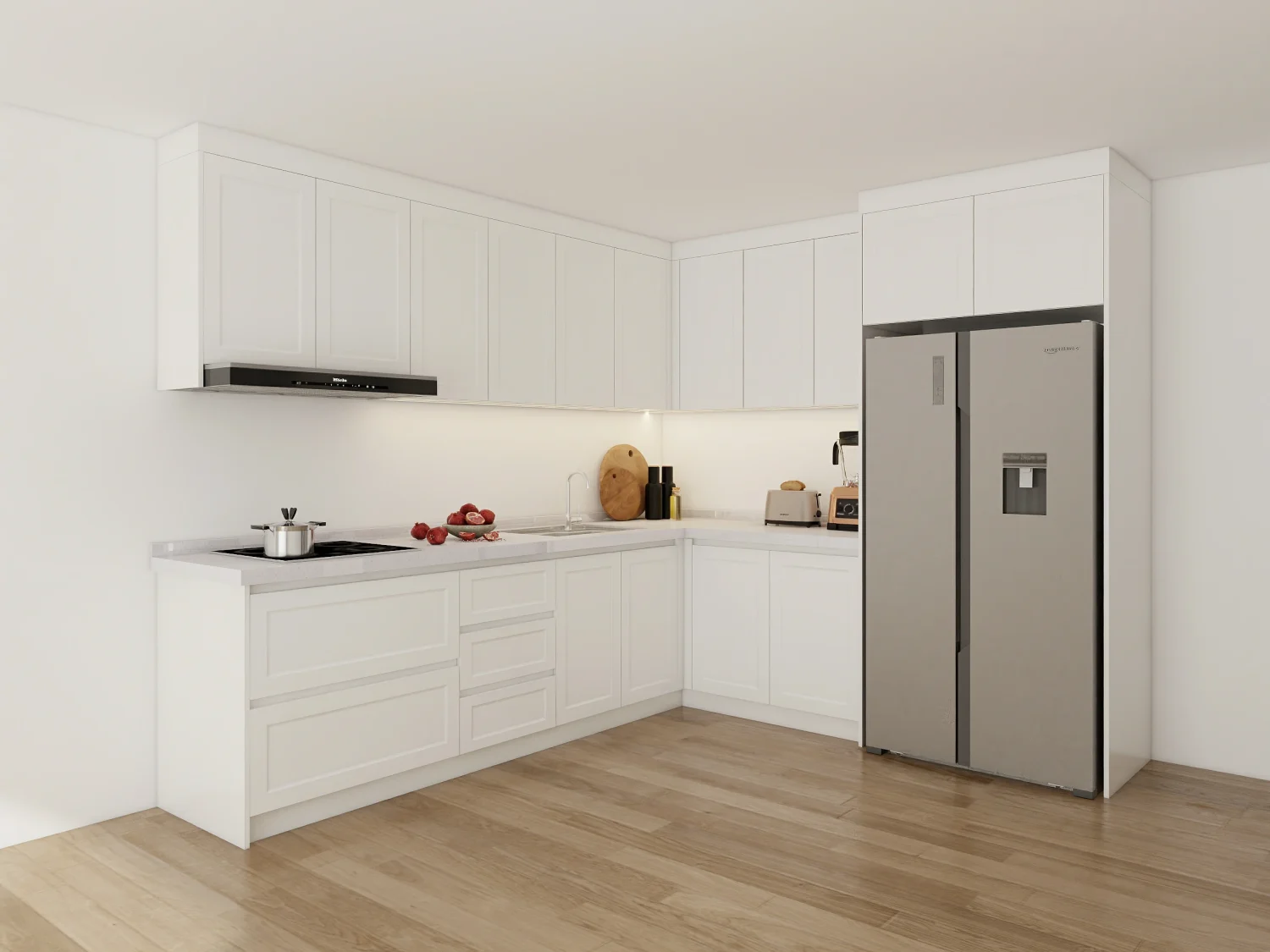 European style kitchen cabinets with high-quality materials and durable finishes, featuring a sleek white design