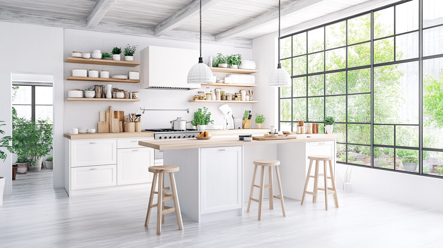 Australian-style kitchen with white cabinets, clean surfaces, and a spacious open-plan layout.