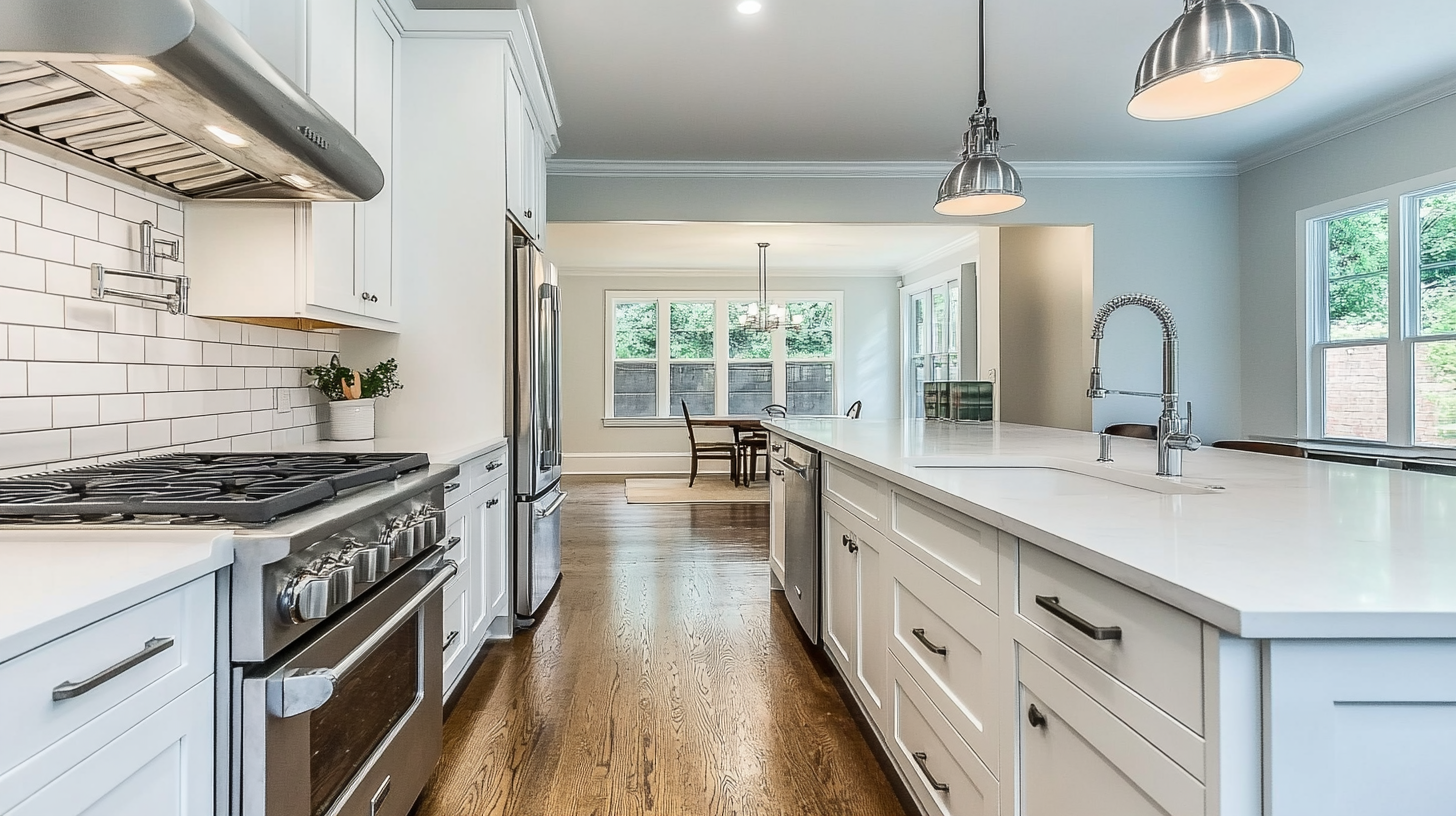 Bright kitchen with white cabinets and stainless steel accents in an open layout.