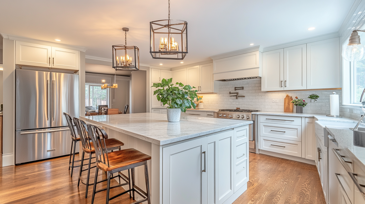 Bright kitchen with white Shaker-style cabinets, stainless steel appliances, and a large marble island.
