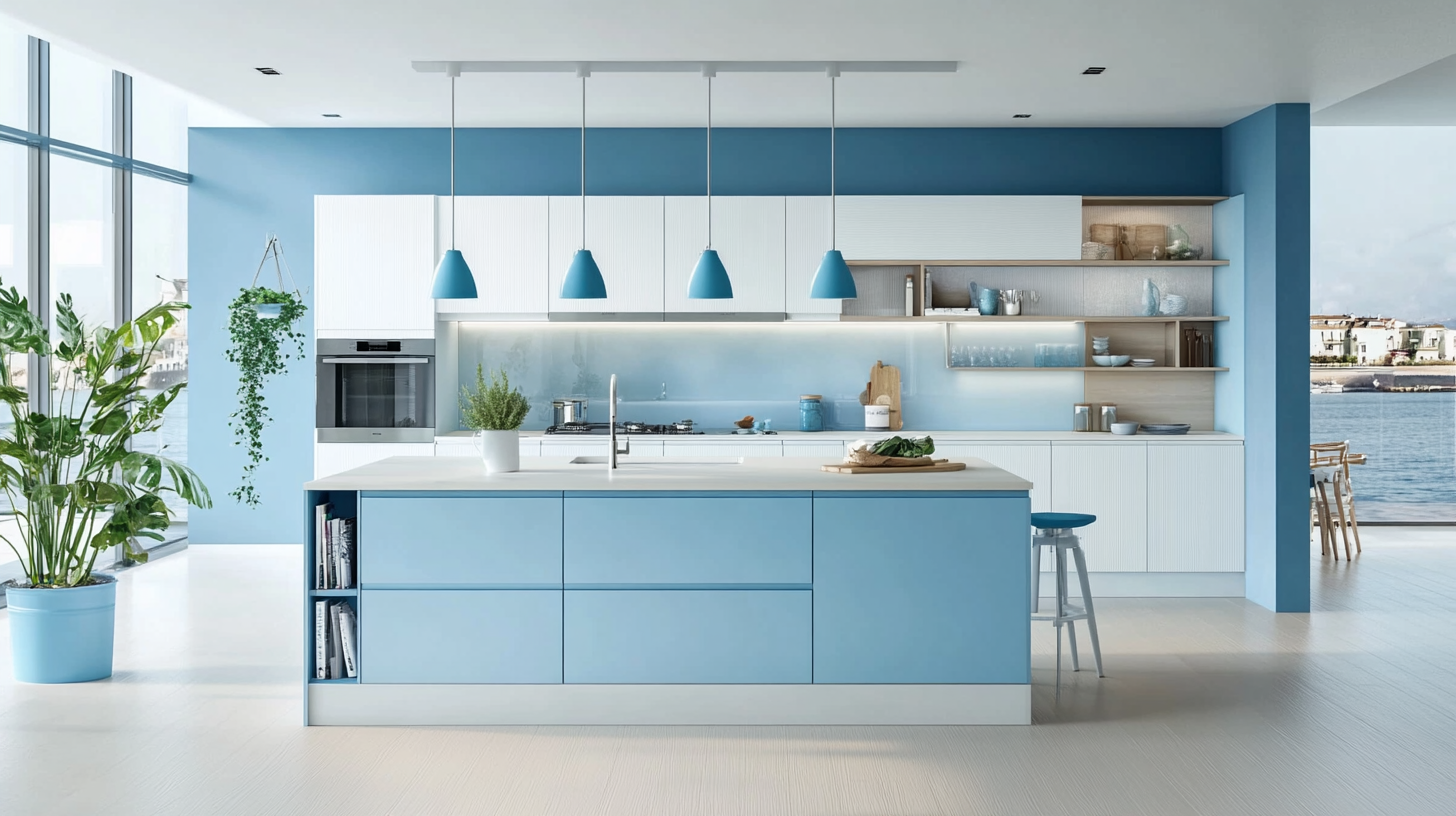 Coastal-inspired kitchen with white cabinets and light blue accents, featuring large windows for natural light.