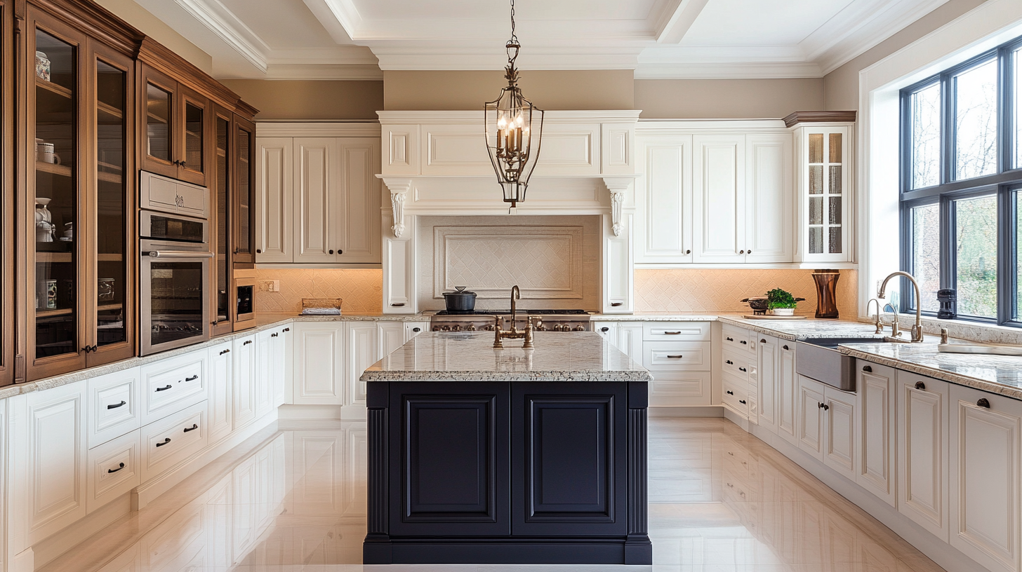 Modern high-end kitchen with white and navy blue cabinets, sleek countertops, and wood details.