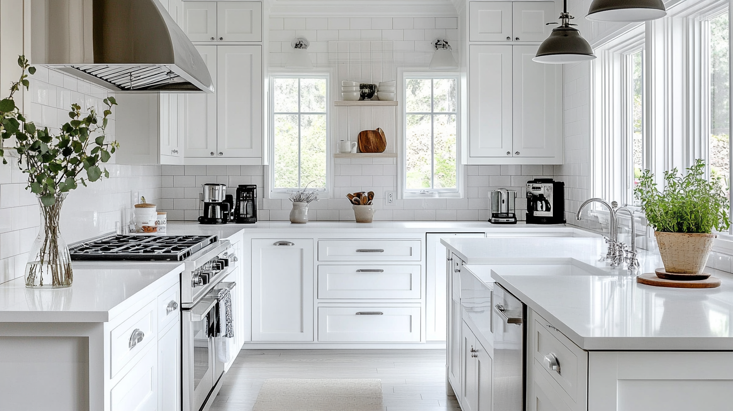 Modern kitchen with white Shaker-style cabinets, stainless steel appliances, and clean design.