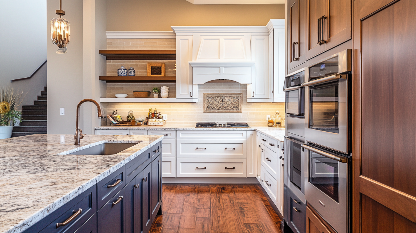 Elegant kitchen with white and navy blue cabinets, stainless steel appliances, and ample lighting.