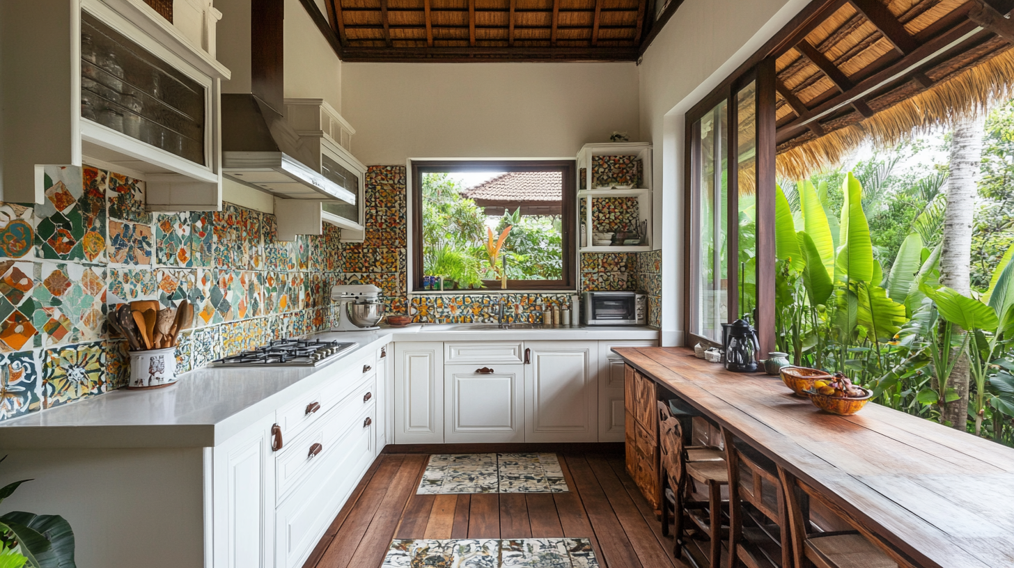 Indonesian-style kitchen with white cabinets and colorful mosaic tiles, large windows bringing in natural light.