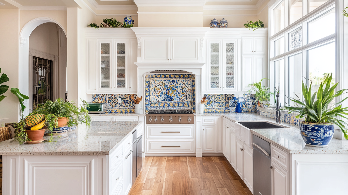 Indonesian-style kitchen with white cabinets and wood accents, beautiful natural view through large windows.