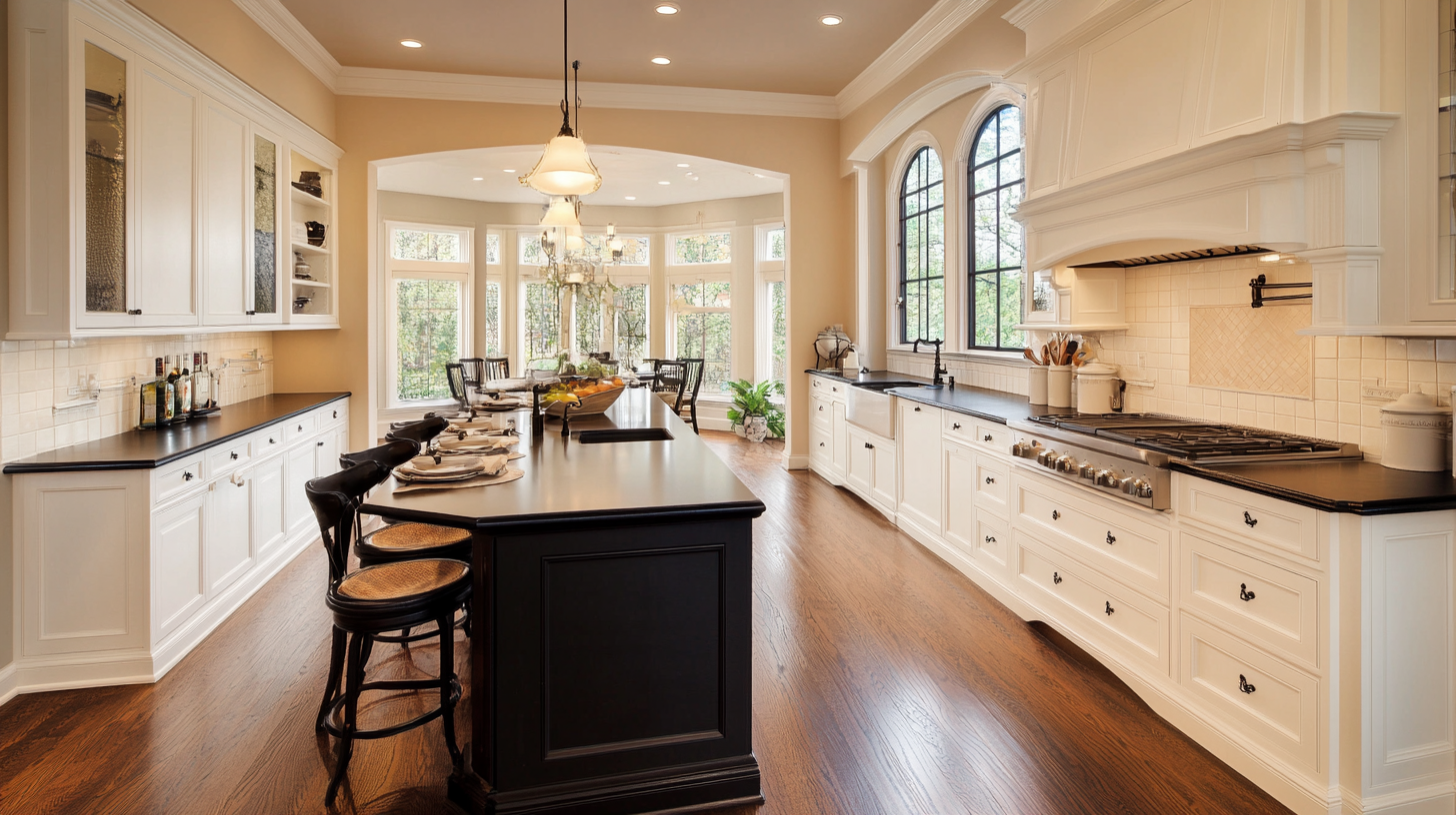 Elegant kitchen with white cabinets and dark countertops, offering a sophisticated contrast and modern design.