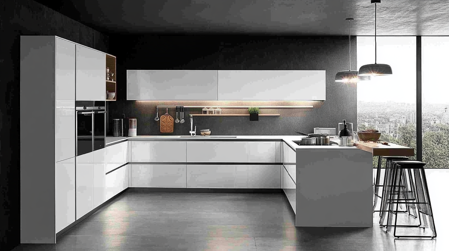 Modern minimalist kitchen with sleek white cabinets, clean lines, and a spacious design.