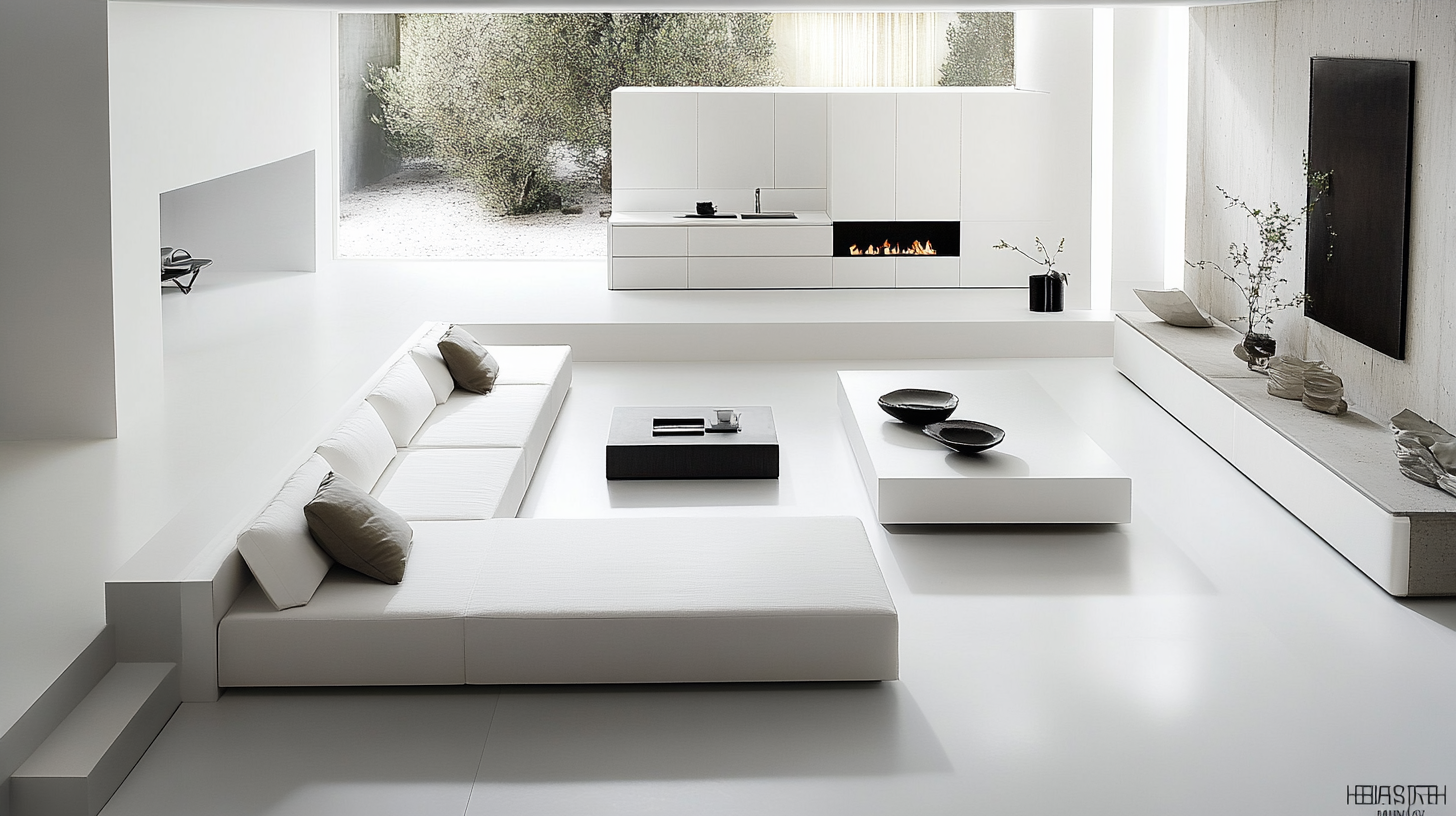 Minimalistic living room and kitchen with sleek white cabinets and modern design.