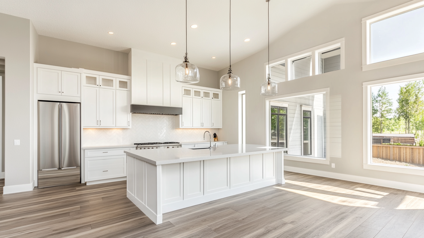 Contemporary kitchen with white cabinetry, a large island, and abundant natural light.