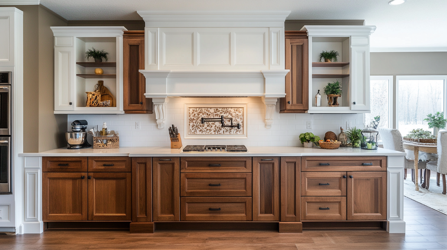 Sophisticated high-end kitchen with white and navy blue cabinetry and a central island.
