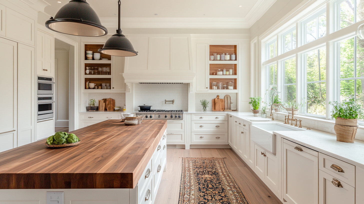 Stylish kitchen featuring white cabinets, black and gold accents, and a sophisticated design.