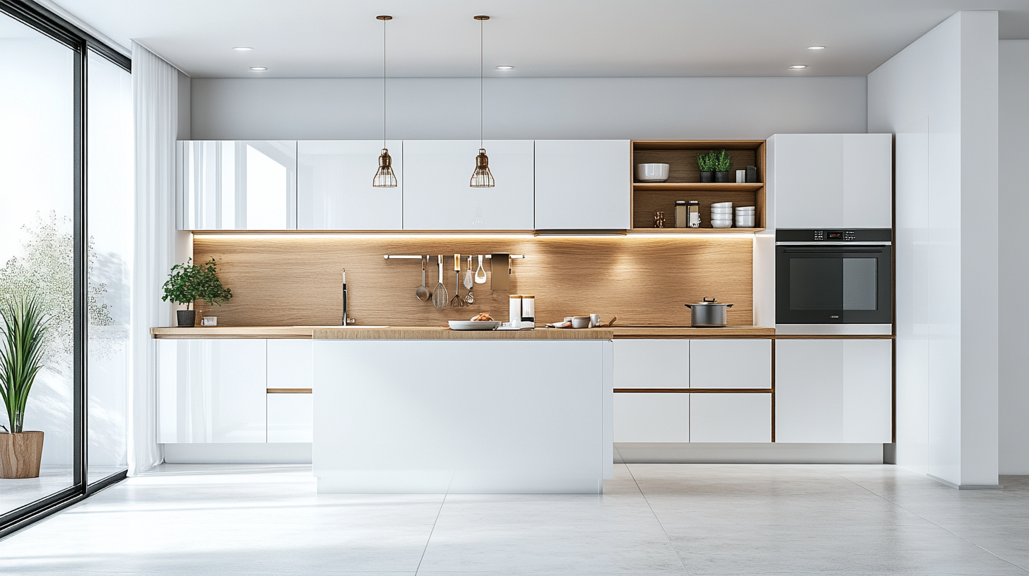Transitional kitchen with white cabinets and open shelving, blending modern and traditional elements.