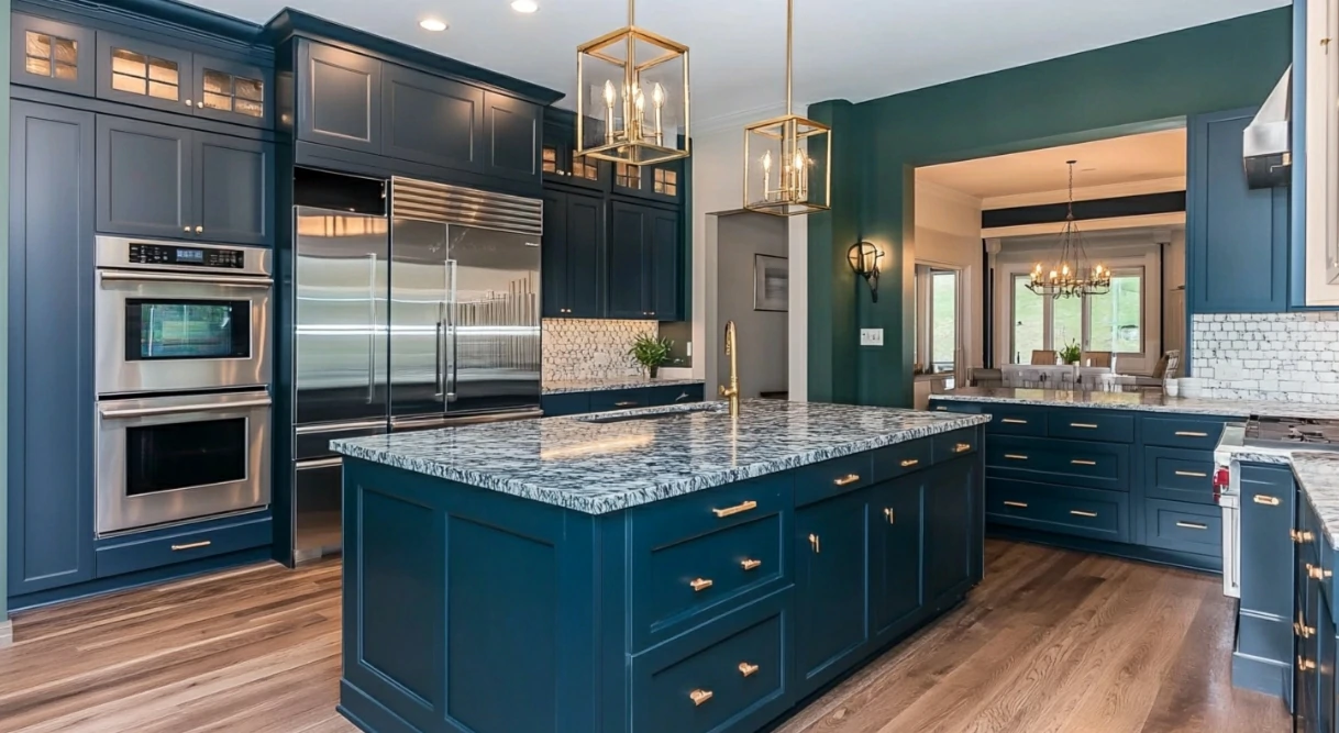 kitchen remodel featuring navy blue cabinets, granite island countertop, gold hardware, and hardwood flooring