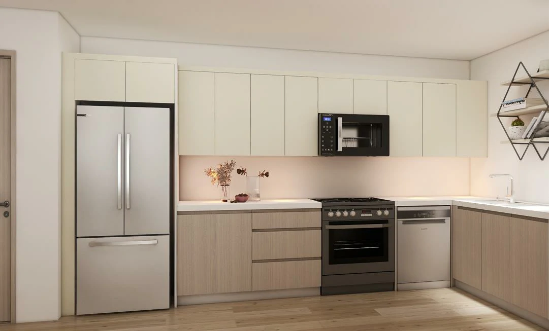 kitchen remodel featuring shaker-style cabinets in two-tone wood finish, stainless appliances, and open shelving