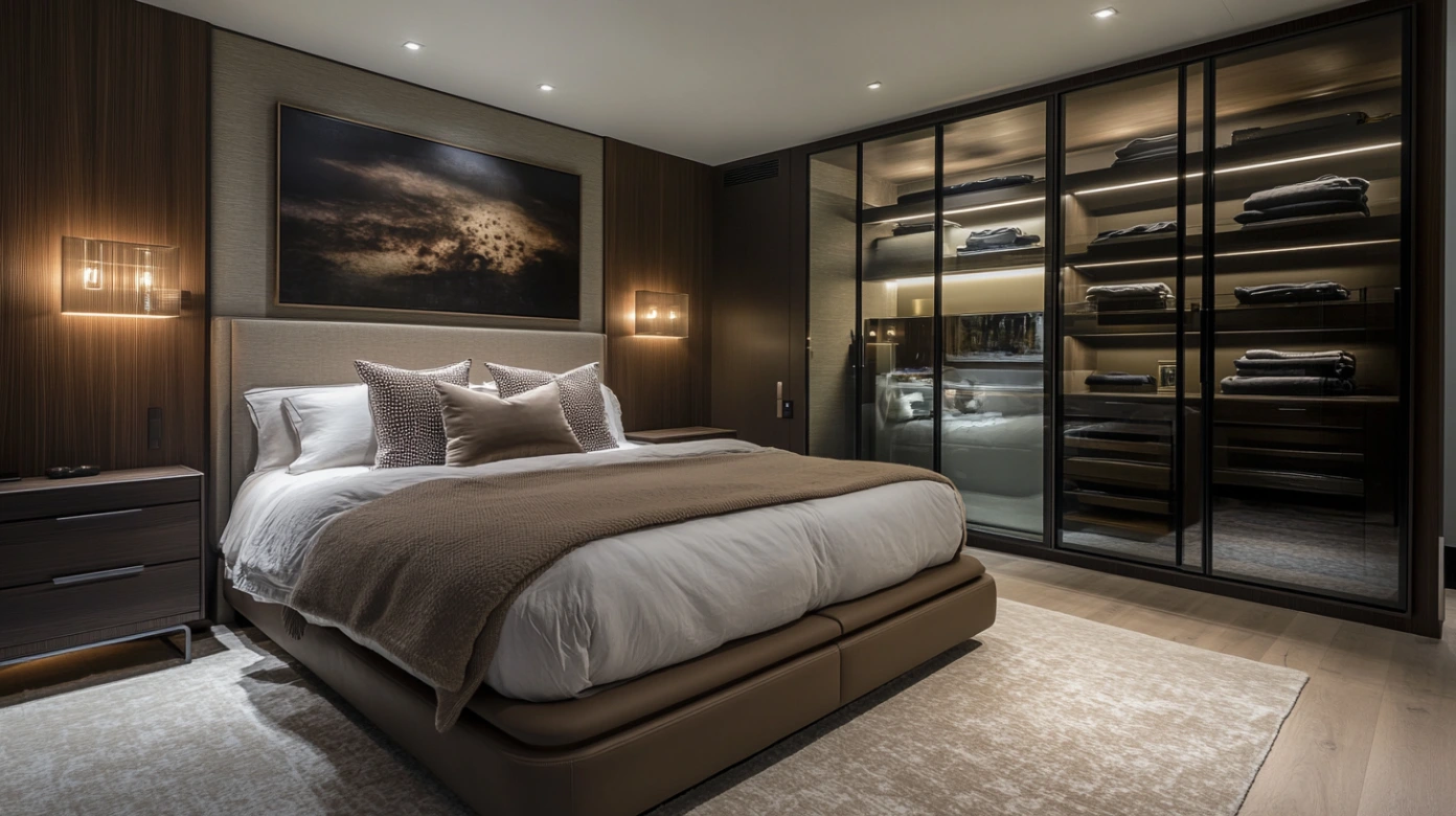 Armário de vidro no quarto exibindo perfumes, joias e acessórios elegantes em um interior de luxo suave.