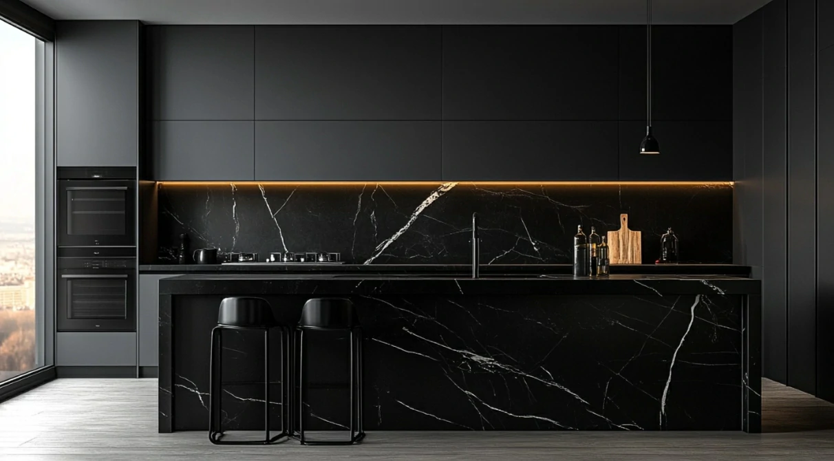 kitchen remodel featuring black marble island, matching cabinetry, subtle underlighting, and minimalist fixture details