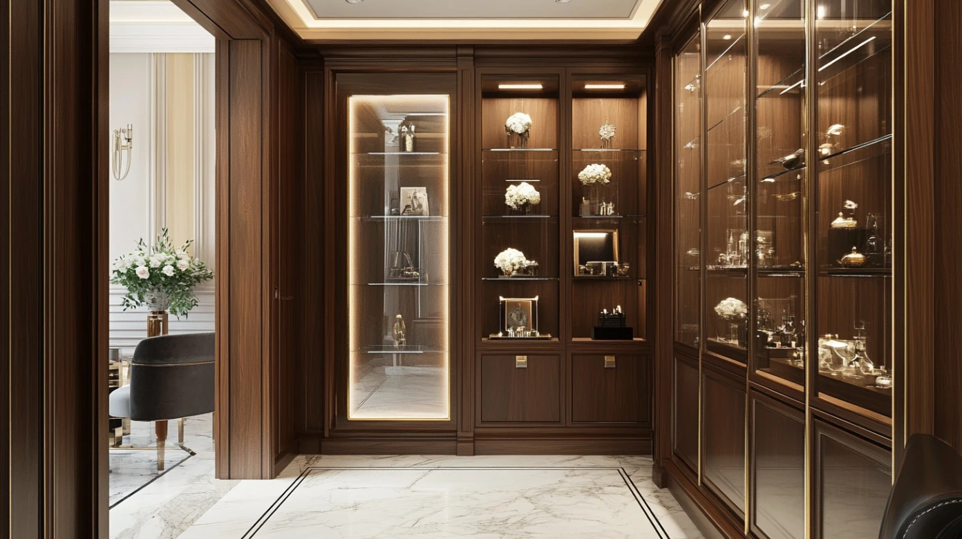 Uma elegante vitrine de vidro na entrada exibe itens de decoração, adicionando um toque acolhedor ao espaço.