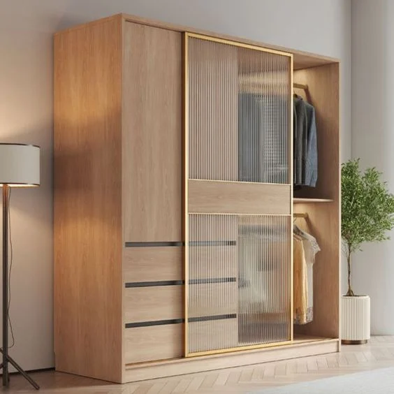 Glass Sliding Doors Wardrobe Natural Wood Wardrobe with Drawers