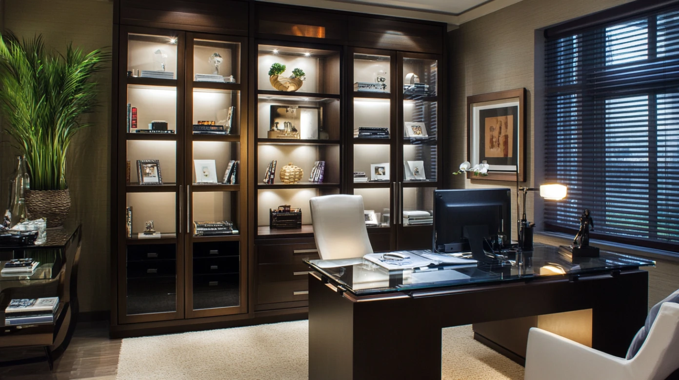 Armários de vidro para escritório em casa com livros, prêmios e objetos de decoração cuidadosamente selecionados em um espaço de trabalho organizado.