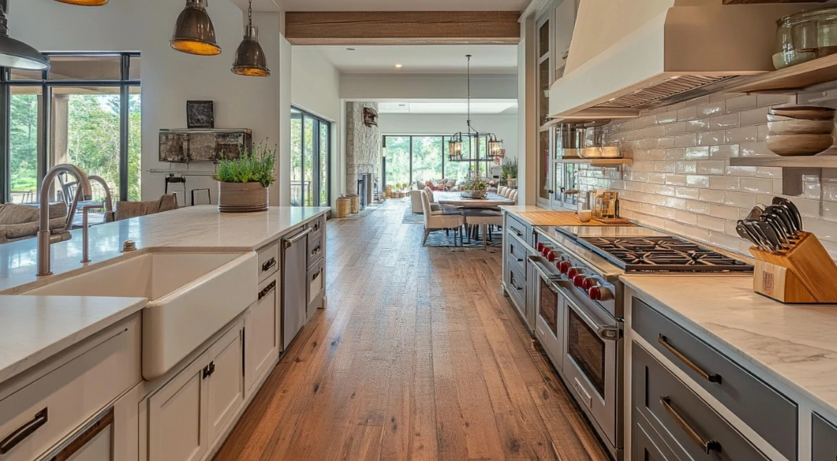 kitchen remodel featuring warm hardwood floors, farmhouse sink island, pendant lights, and open living area