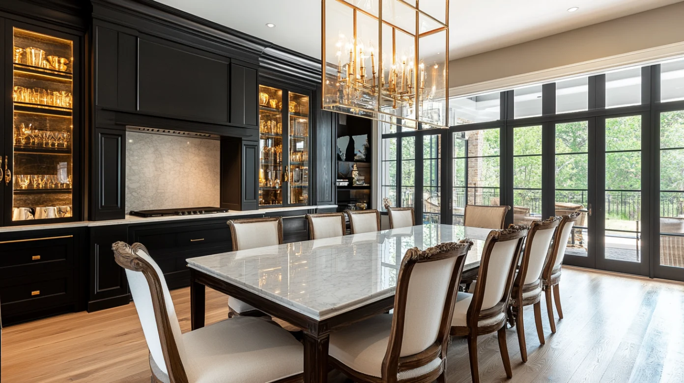 Armário de vidro para cozinha com louças, cristais e espaço de armazenamento decorativo organizado em uma elegante sala de jantar.