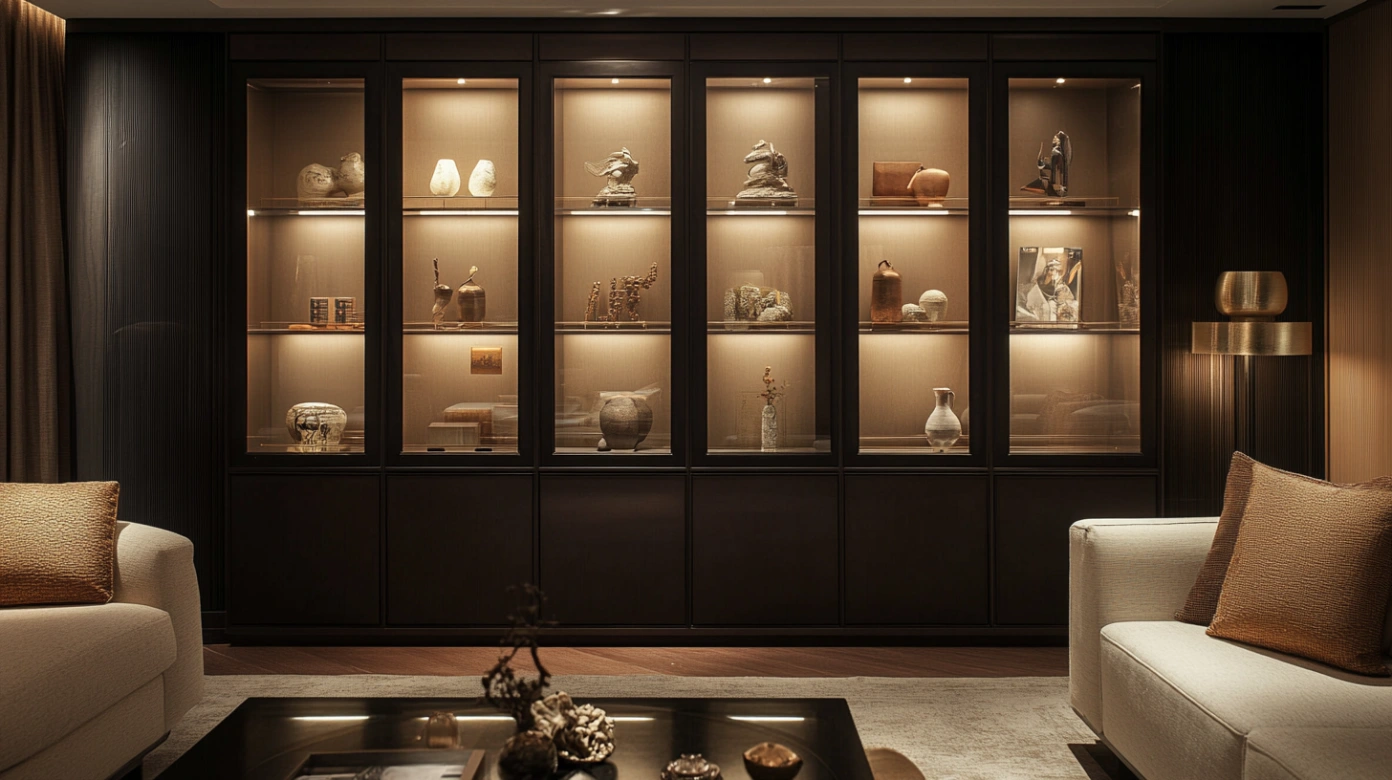 Vitrine de vidro na sala de estar com livros, troféus e objetos de decoração ao lado de uma moderna parede multimídia.