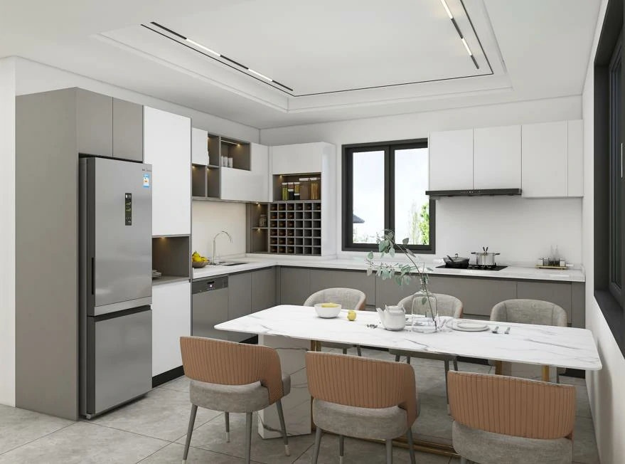 kitchen remodel showcasing two-tone cabinets with wood uppers, black lowers, white countertop, and marble backsplash