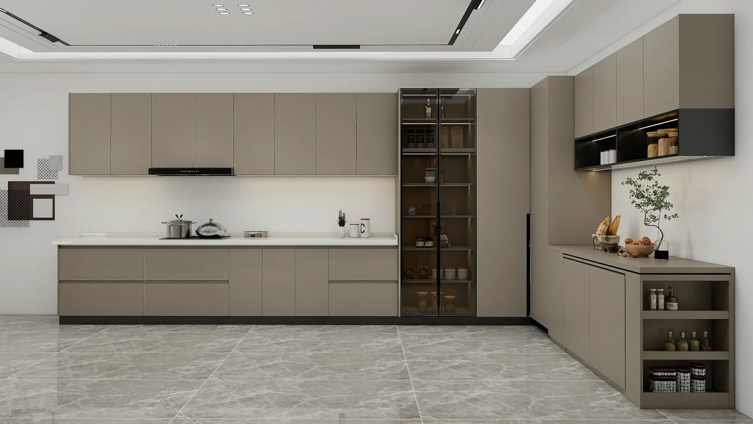 kitchen remodel featuring L-shaped grey wood cabinets, integrated shelving, marble flooring, and sleek overhead lighting