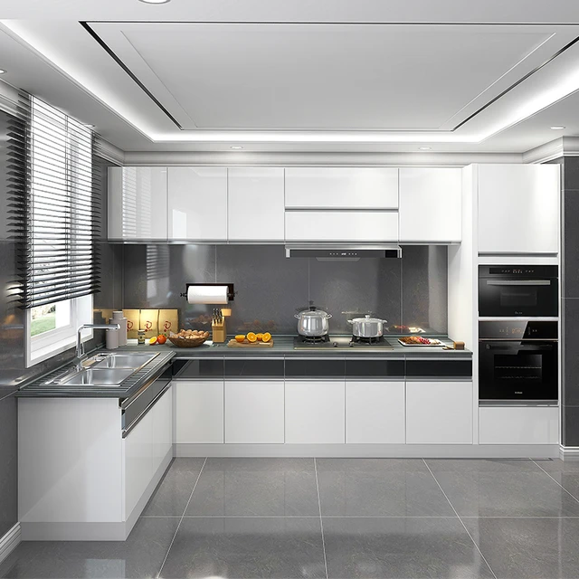 Modern kitchen with moisture-resistant particle board cabinets and wooden countertop island