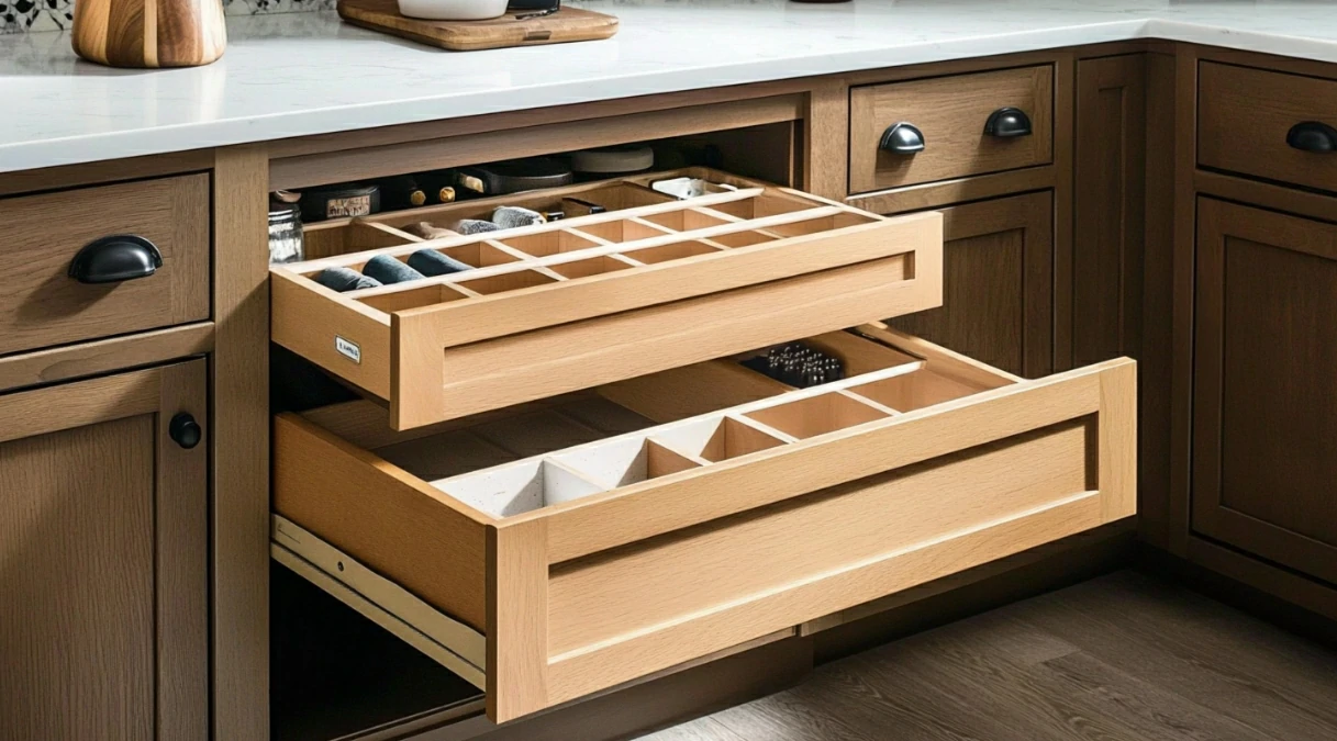 kitchen remodel featuring oak pull-out drawers with custom dividers for organized cookware and pantry items